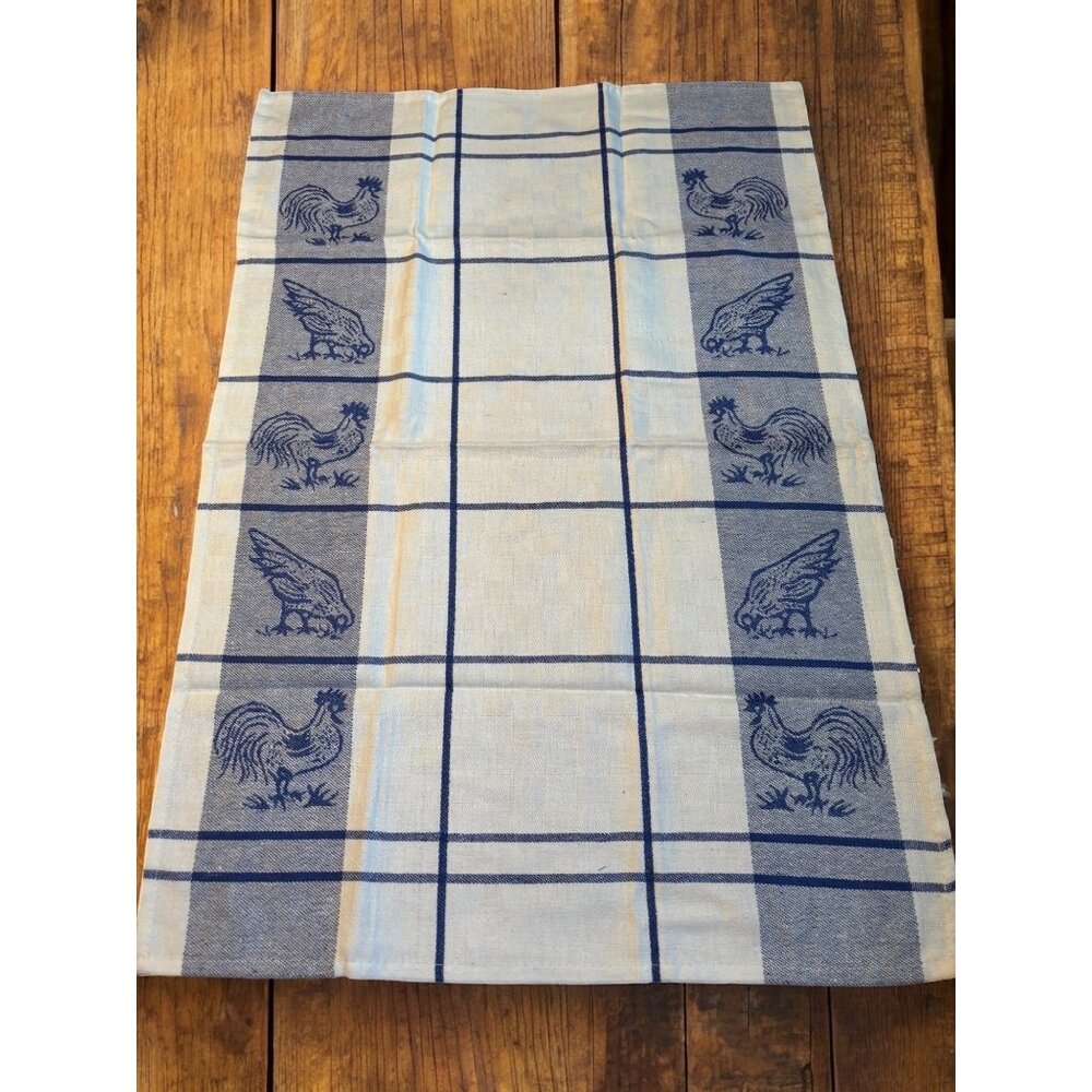 Tea Towel Dish Cloth Blue and White Rooster and Chicken Northpoint Cotton